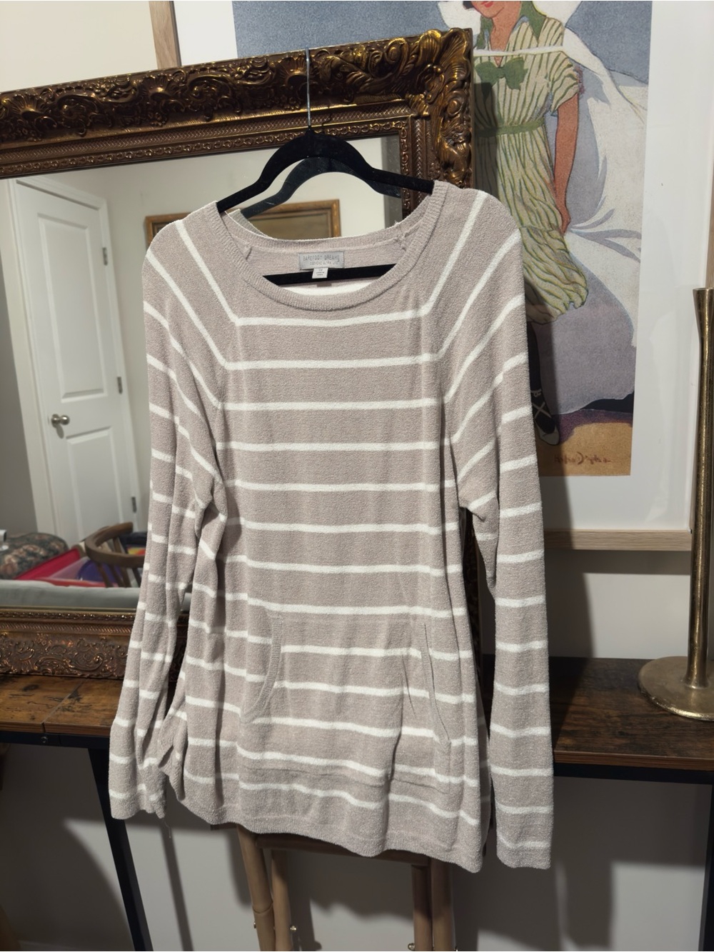 Barefoot Dreams Beige and White Striped Scoop Neck Sweater